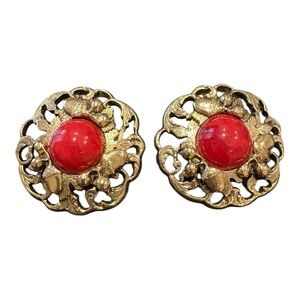 Vintage Gold Filigree Clip-On Earrings with Red Cabochon Center J12
